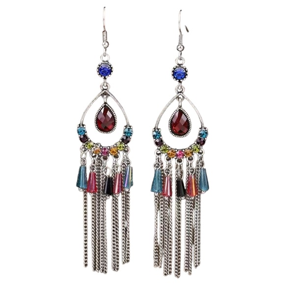 Jewelry - NEW Boho Silver tone Chain Earrings Multicolor Rhinestones Dangle Earrings Boho